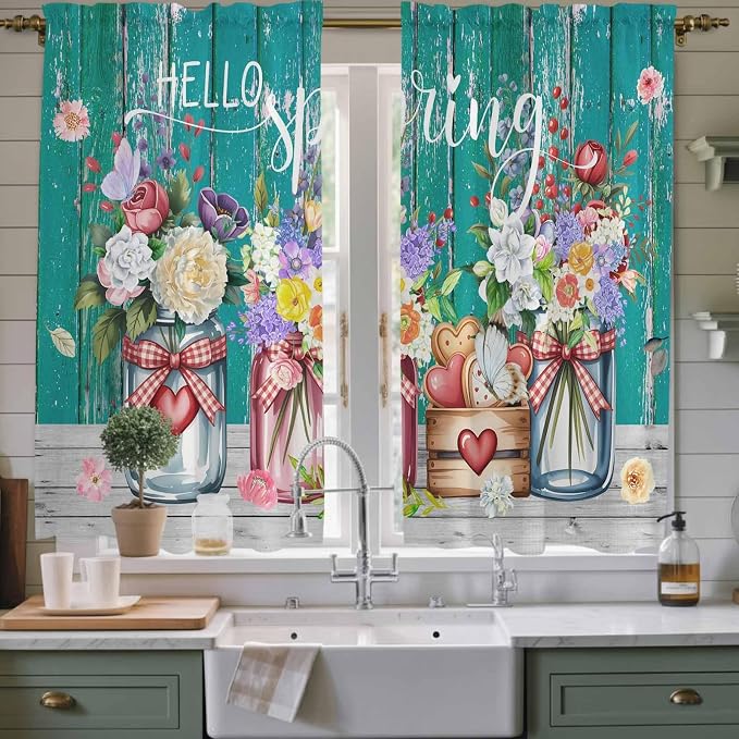Spring Flowers Kitchen Curtains, Farmhouse Watercolor Teal Wood Grain Light