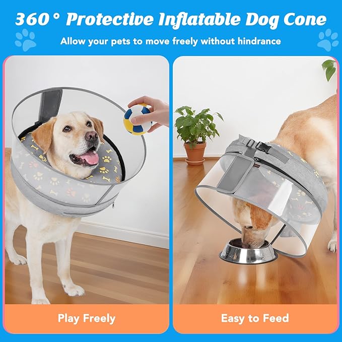Inflatable Dog Cone with Anti-Licking Clear Shield, Protective Dog Donut Collar After Surgery, Adjustable Soft Recovery Cone for Pets, Alternative Collar with Buckle Strap (Grey Paw, L)