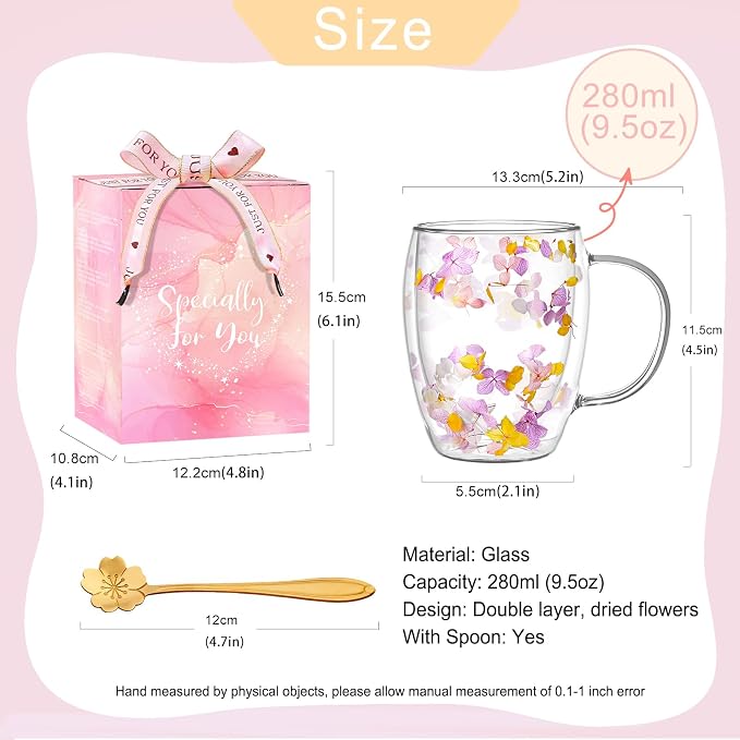 Double Wall Glass Coffee Mugs, Aesthetic Dried Flowers Cups