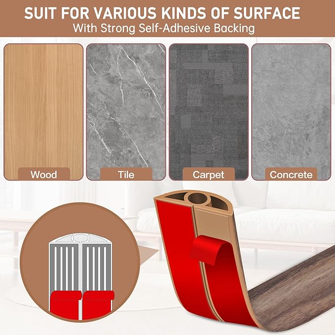 Floor Cord Cover Self Adhesive Cord Hider Floor Extension Cord Covers for Floor Power Cord Protector Cable Management Prevent Cable Trips Cable Cavity 0.32" W x 0.32" H (Smoked Brown Wood, 10Ft)