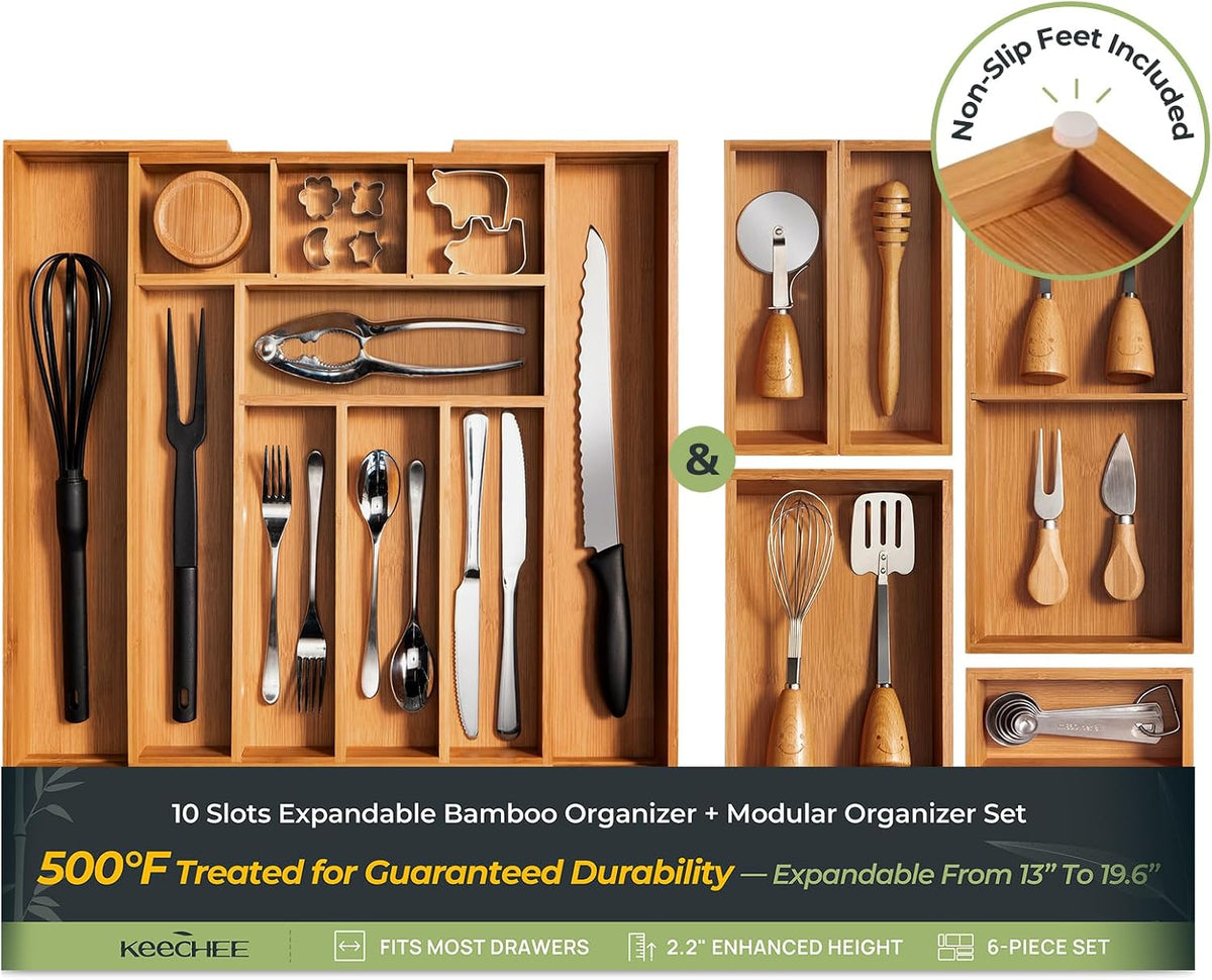 keechee 6-Piece Bamboo Drawer Organizer Set, 2.2" Deep Multi-Use Organizers for Utensils, Silverware, Cutlery, Desk, Bathroom, Junk Drawer & Makeup, Non-Slip Feet Included.