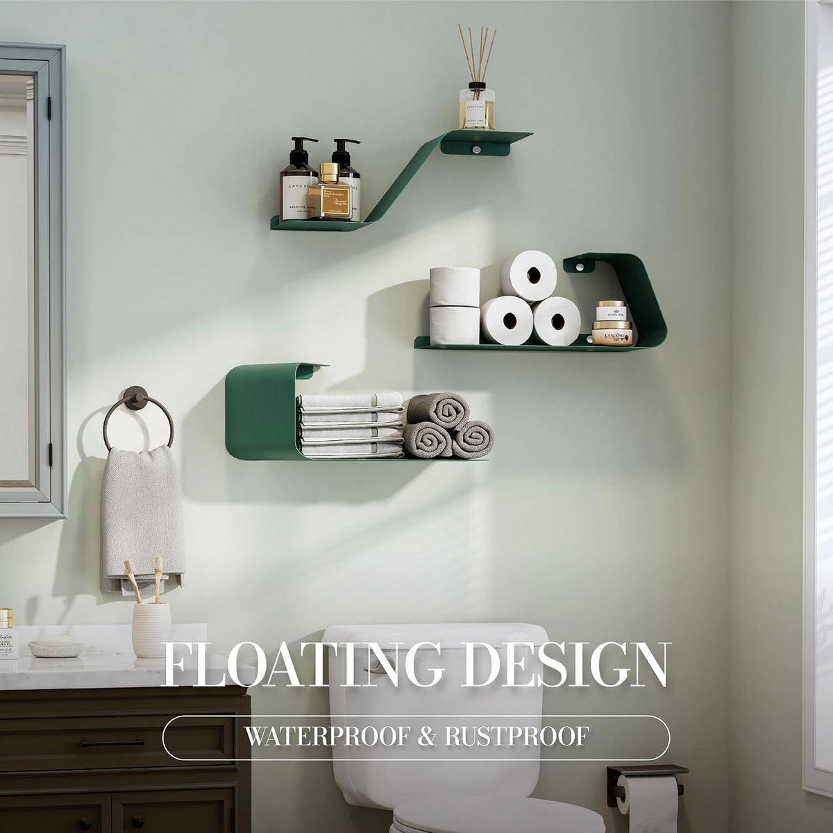 Floating Shelves, Wall Shelf, Set of 3 Mounted Metal Shelves with Unique Design for Wall Storage, Book Shelf, Display Shelves for Bathroom Bedroom Kitchen Living Room for Home Green