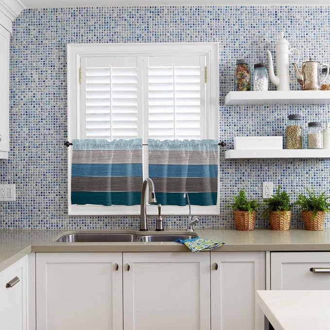 Retro Farm Blue Gray Wood Grain Window Valance Curtains, Rustic Wooden Plank