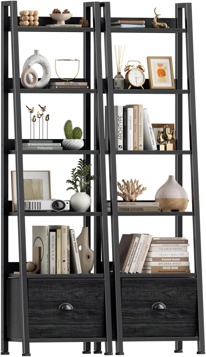 Furologee Bookshelf Set of 2, 6 Tier Ladder Shelf with Drawer