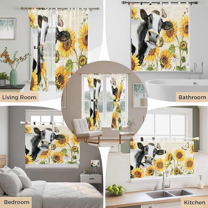Yellow Sunflowers Bathroom Curtains 63 Inch Length, Window Curtains Tab Top