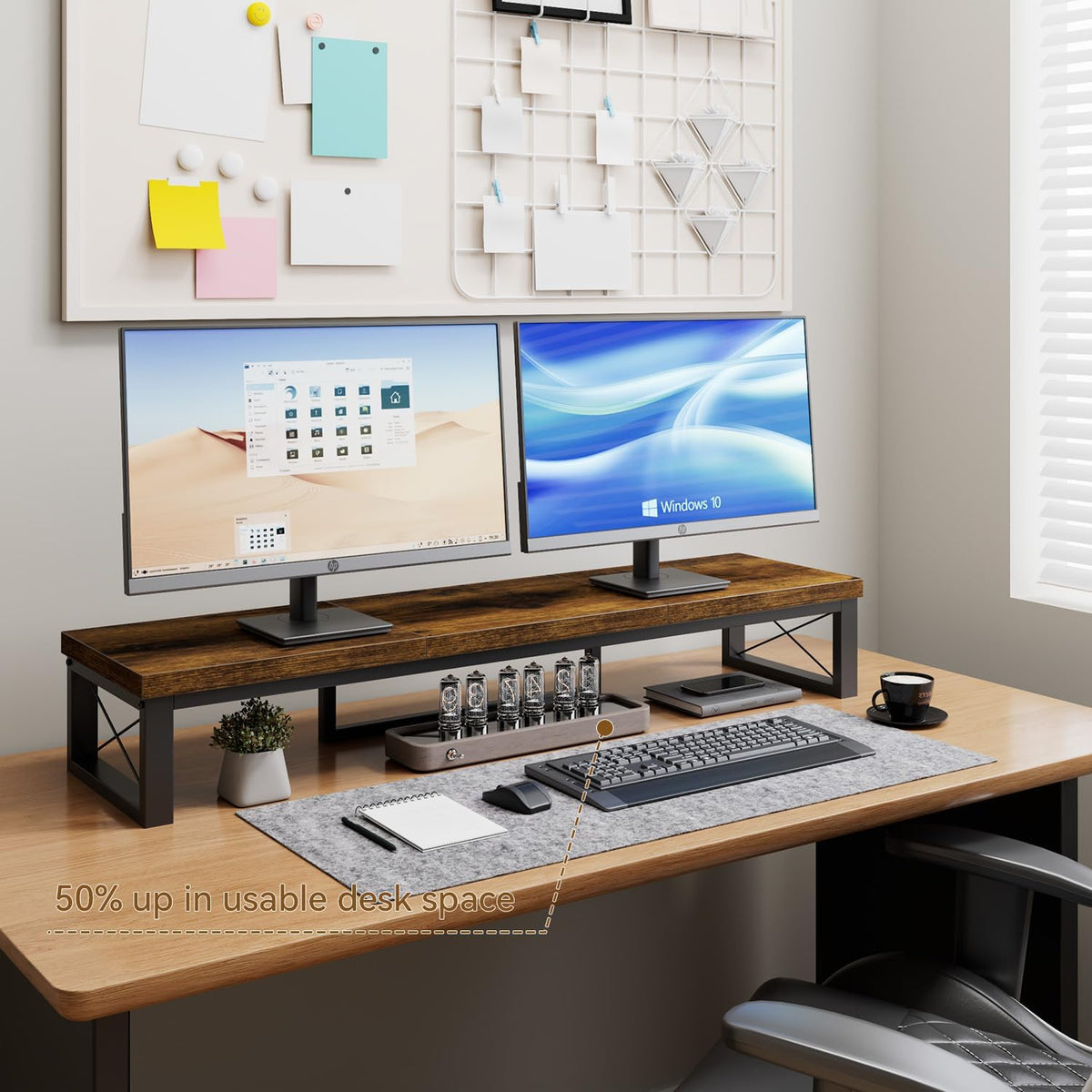 IBUYKE Large Dual Monitor Stand Riser for 2 Monitors, Wooden Desktop Computer Monitor Stand Storage Shelf and Steel Legs,Dual Screen Office Desk,Monitor Riser for Computer, Printer,Laptop,TV,Rustic Brown UTDJ002H