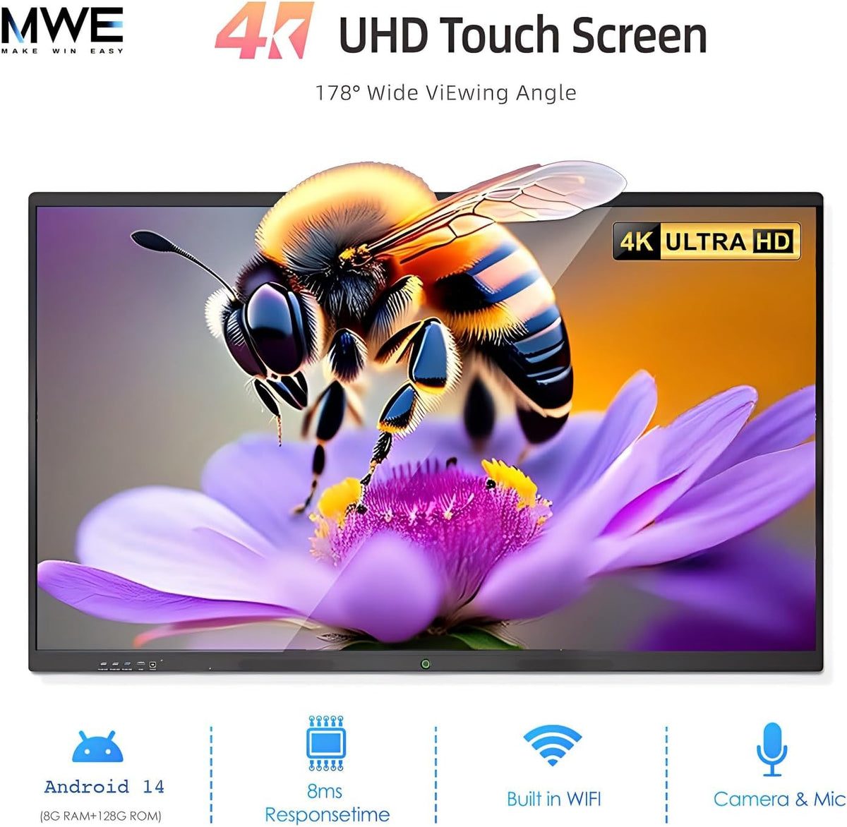 75" Smart Board for Business, Interactive Whiteboard with Multi-Touch, 4K Electronic Board with Screen Sharing, Bluetooth/WiFi/HDMI, Camera & Mic, Android 14, 8+128G (Wall Mount Included)