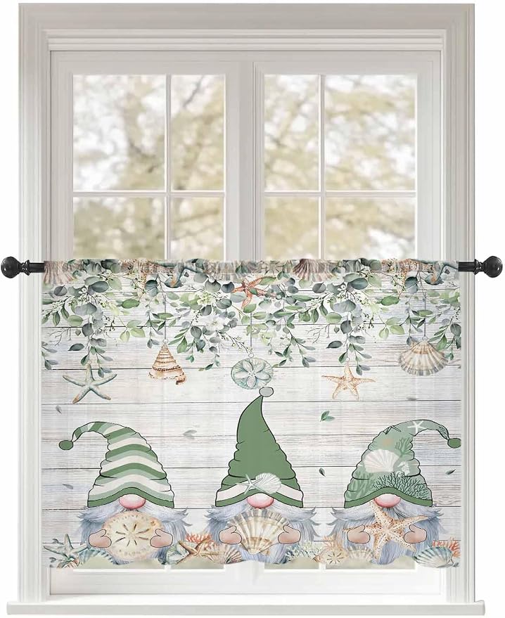 Sheer Curtains 45 Inch Length, Coastal Eucalyptus Leaf Semi Sheer Curtains