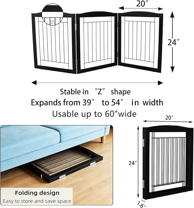 ZJSF Freestanding Foldable Dog Gate for House Extra Wide Wooden Black Indoor Puppy Gate Stairs Doorways Pet Gate Tall Dog Fence 3 Panels Fence