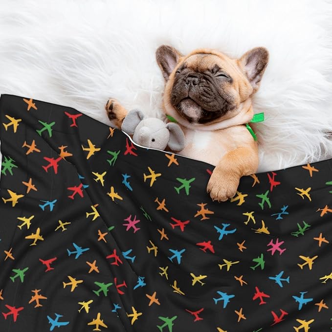 Pet Blanket for Car Rides Vet Visits, Colorful Aircraft Airplane Black, Two Sided Reversible Plush Design with Bumpy Dot Side Offers Comfort Home Piece On Go Travel