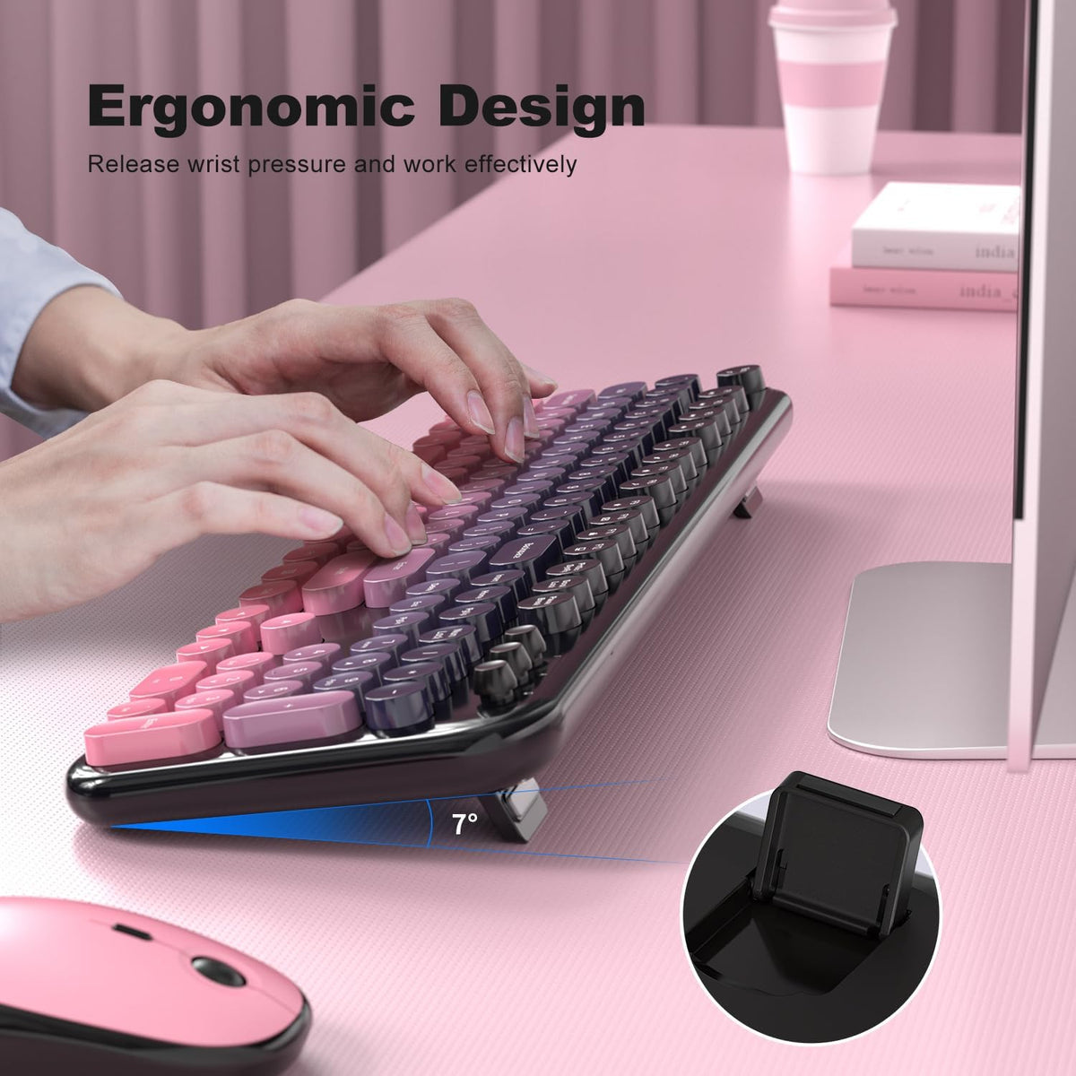 Wireless Keyboard Mouse Combo - Lovely CherryPink-Gradient Rainbow Full-Sized Typewriter Colorful Keyboards, Round Keycap Plug Play Retro Cute Keyboards for Windows, Laptop, PC, Desktop, Computer