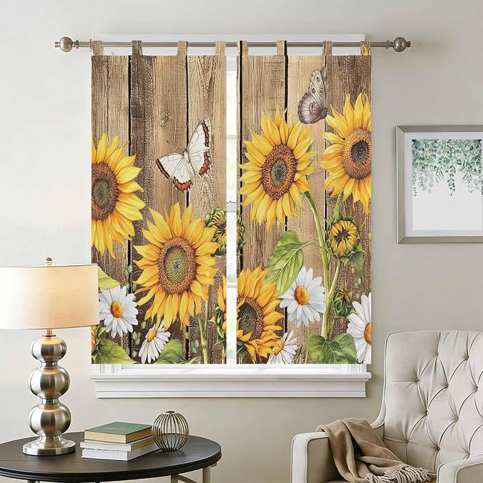 Farmhouse Sunflowers Bathroom Curtains 63 Inch Length, Window Curtains Tab Top