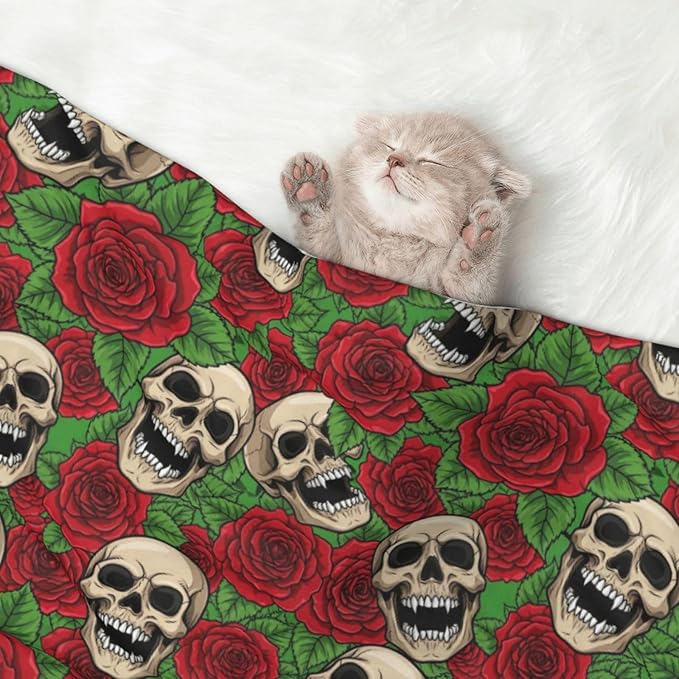 Pet Blanket for Travel and Home, Floral Rose Flowers Day of The Dead Sugar Skulls, Reversible Plush Dot Design with Soft Grip Texture on One Side Perfect for Car Seats Moving Vehicles