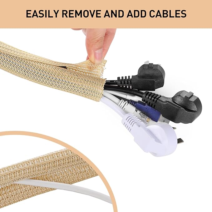 AGPTEK Cable Sleeve Cover, 2 Pack 5ft - 1.2 inch Desk Cord Organizer Cable Hider, Home Office Wire Management Computer TV Wire Loom Tubing, Pet Proof Cord Protector, from Cat Dog Chewing, Wood Color