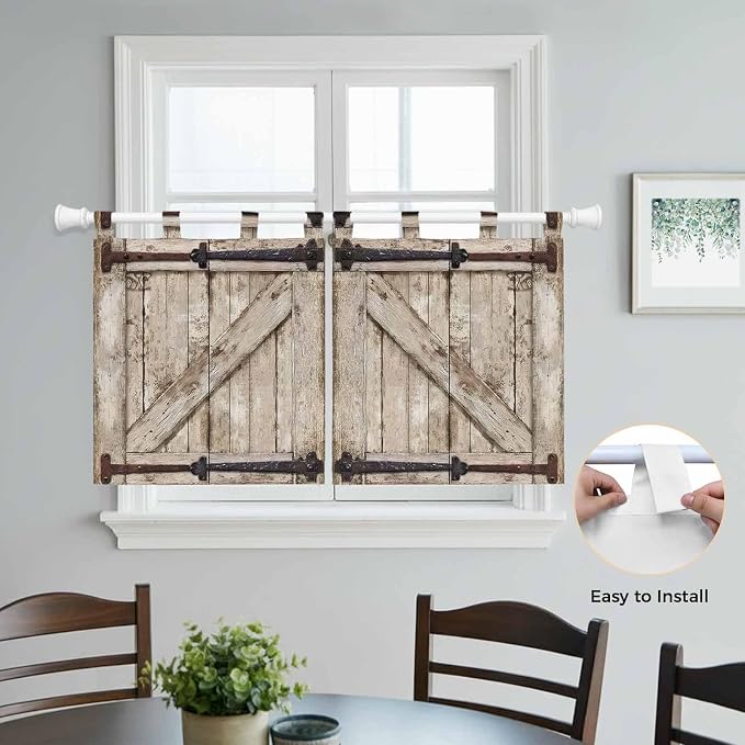 Farmhouse Wood Grain Kitchen Curtains 36 Inch Length, Small Window Curtains Tab