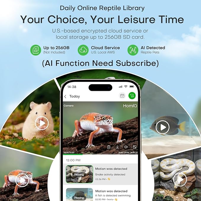 Aquarium 3MP Terrarium AI Monitoring Camera Close-up Details, 2.4G&5Ghz WiFi Starlight Color Vision for Reptile Pets, Anti-Glare& NO Reflect with 24/7 Events Recording in Easy Magnetic Install