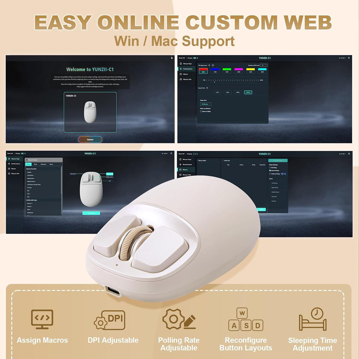 YUNZII C1 Wireless Tri-Mode Wireless Mouse 4800 DPI Optical (Beige)