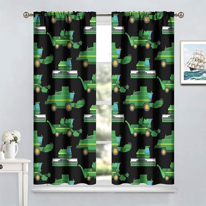 Kids Agriculture Machine Window Curtains, Farm Equipment Tractors Transport