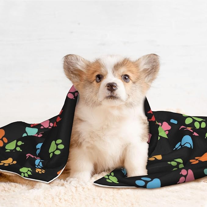 Two Sided Plush Pet Blanket for Crates Carriers Home Use, Pink Red Blue Green Dog Pug Paws, Reversible Throw with Cozy Dot Fabric and Silky Reverse for Small Large Pets