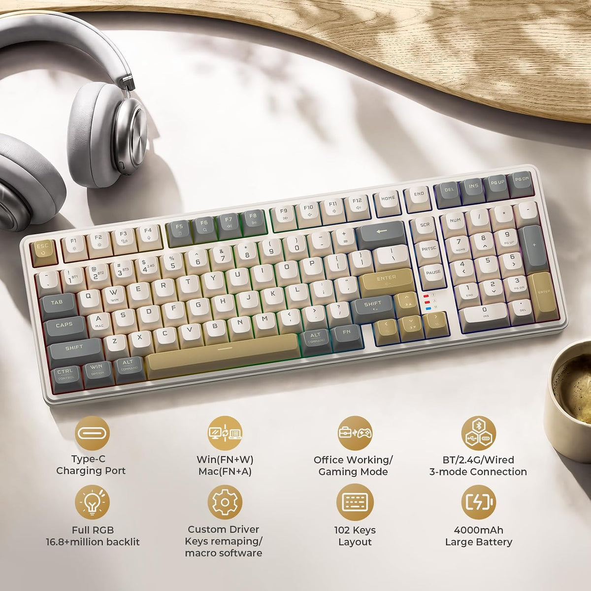 Redragon K528 Wireless Gaming Keyboard Bluetooth Computer Keyboards Creamy Cute with Number Pad RGB Backlit Tri-Mode BT/2.4GHz/USB-C, 4000mAh Battery for Win/MAC- Dusty Olive