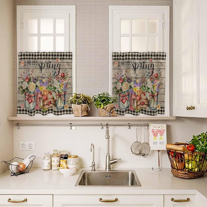 Spring Flowers Kitchen Curtains Set 3 Piece