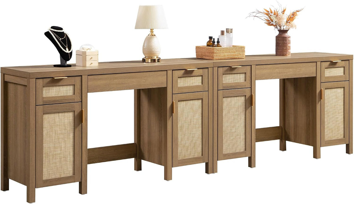 SICOTAS 52" Rattan Vanity Home Office Desk Vanity Table with 3 Drawers