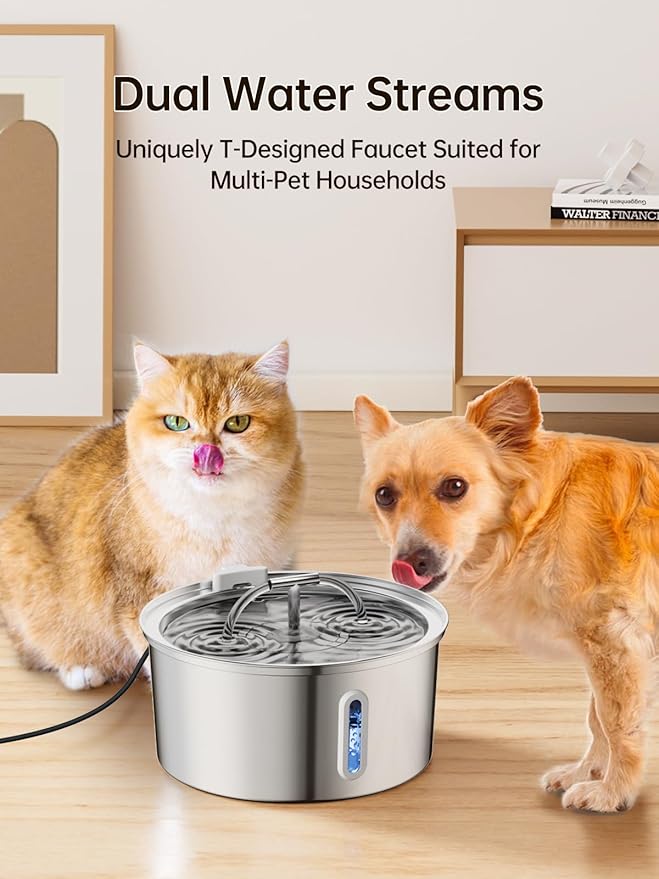 Cat Water Fountain Stainless Steel, 3.2L/108OZ Pet Water Fountain for Drinking,Automatic Metal Dog Water Fountain with 8 Filters & 8 Sponges,Quiet Pump,Dual-Stream for Cats, Dogs,Multiple Pets Indoor