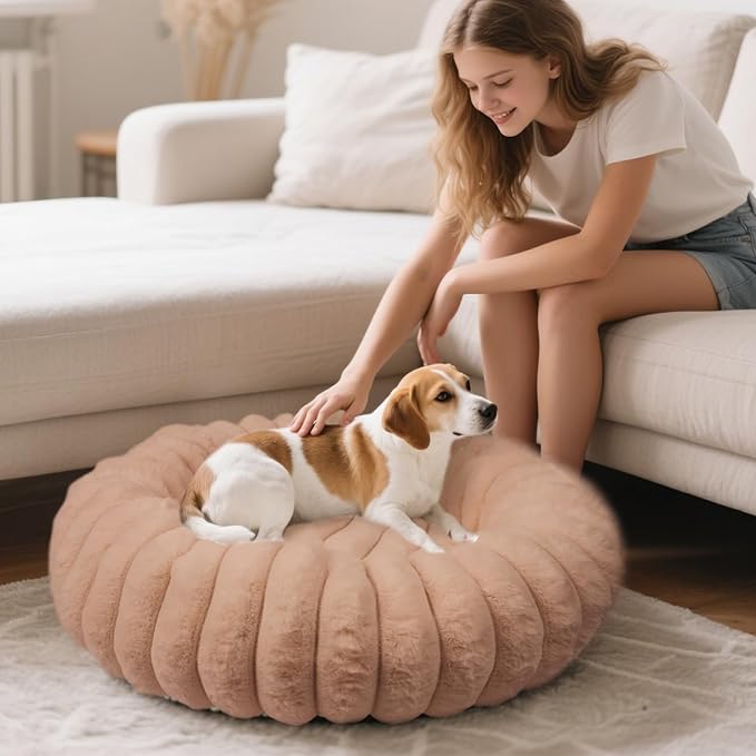 Donut Dog and Cat Bed, Luxurious Comfortable Faux Rabbit Fur Pet Beds, Round Anti-Anxiety Calming Puppy Kitten Bed with Anti-Slip Bottom for Small Medium Dogs & Cats(28", Brown)