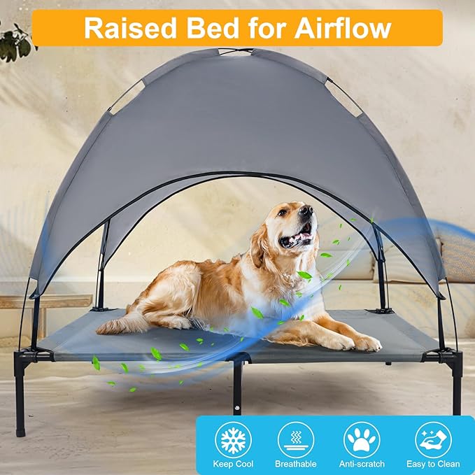 48'' Outdoor Elevated Dog Bed with Canopy, Raised Dogs Bed with Six Support Feet, Breathable Cooling Dog Cot Beds Medium Large Size Dogs, Outdoor Pet Hammock Beds, Pet Beds with 4 Ice Pack(X-Large)