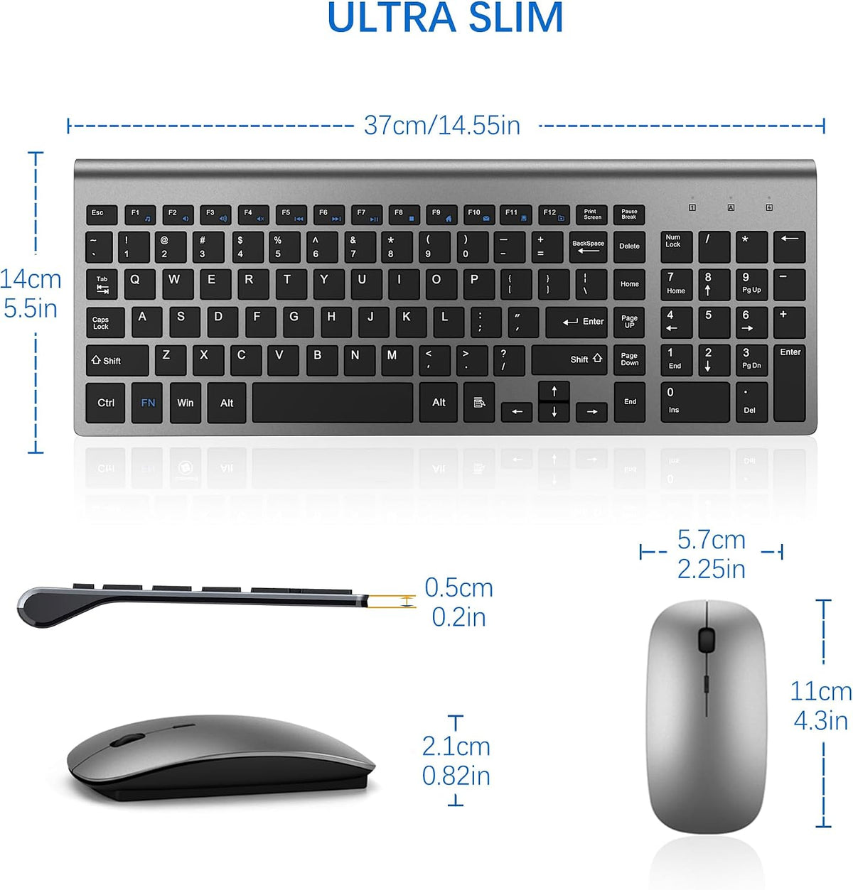 Wireless Keyboard and Mouse Ultra Slim Combo, TopMate - Gray Black