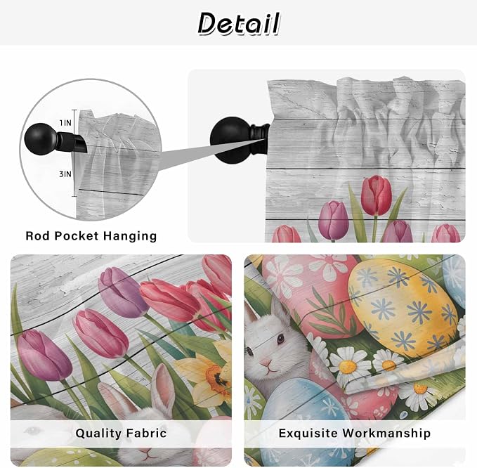 Easter Kitchen Tier Curtains 45 Inch Long 2 Panel Set, Rod Pocket Short Window