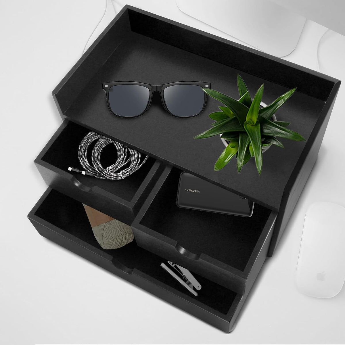 Charmewooden Bamboo Desk Organizer 3 Drawer with Shelf, Countertop Organizer with Drawers Makeup Storage Drawer 3 Drawers Tabletop Storage Organization Box Home Office Workspace（Black）