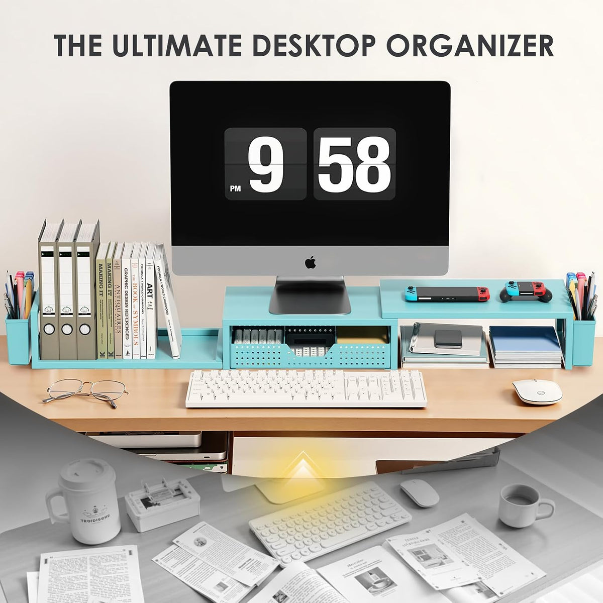 Desk Organizers and Accessories, Dual Monitor Stand Riser with Drawer and 2 Pen Holders, Desk Shelf Computer Racks & Printer Stand for Office Workspace Organizers, Desktop Organization (Blue)