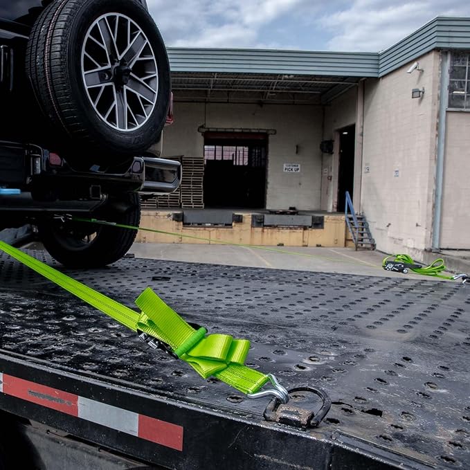Vulcan Complete Axle Tie Down Kit - High-Viz - Includes 4x 22" & 36" Axle Straps, 4x 15' Wire J Hook Ratchet Straps