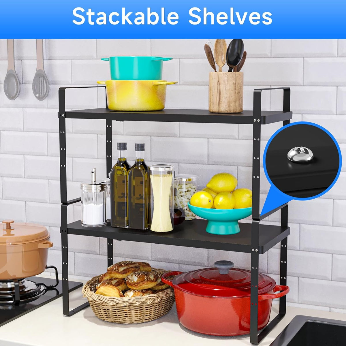 Expandable Cabinet Shelf Organizer, Stackable Kitchen Pantry Counter Storage, Adjustable Closet Cupboard Stand Rack Risers Spice Organization 80LBS Heavy Duty Black Large 1 Pack