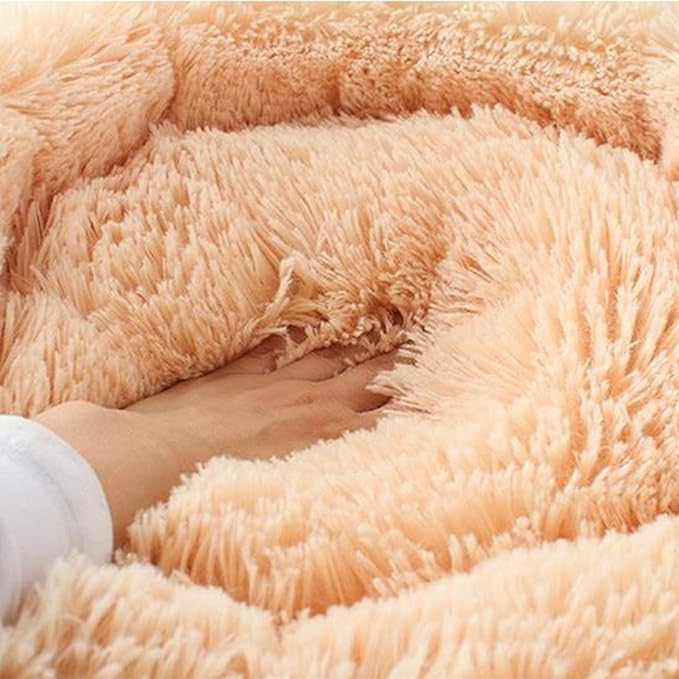 huraty Pet Dog Bed Plush Calming Bed, Fluffy Donut Round Pet Beds for Small Medium Large Dogs Cats, Anti-Slip & Anti-Anxiety, 28 Inch for Puppy and Kitties, Khaki, L