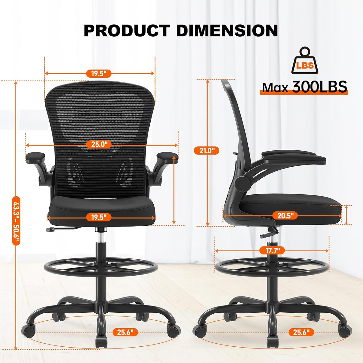 Synorla Ergonomic Tall Drafting Chair-Mesh Desk Chair with Flip-Up Arms