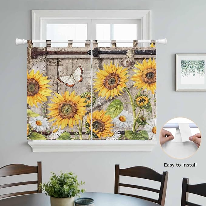 Farmhouse Sunflowers Kitchen Curtains 45 Inch Length, Short Cafe Window