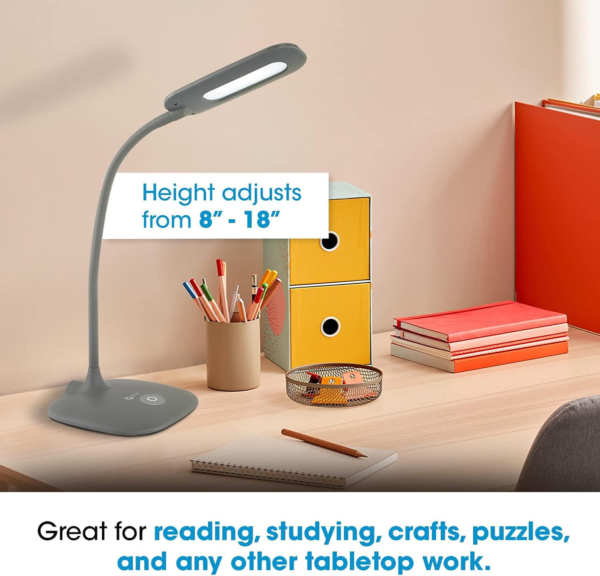 OttLite Soft Touch LED Desk Lamp, 3 Brightness Settings, Grey