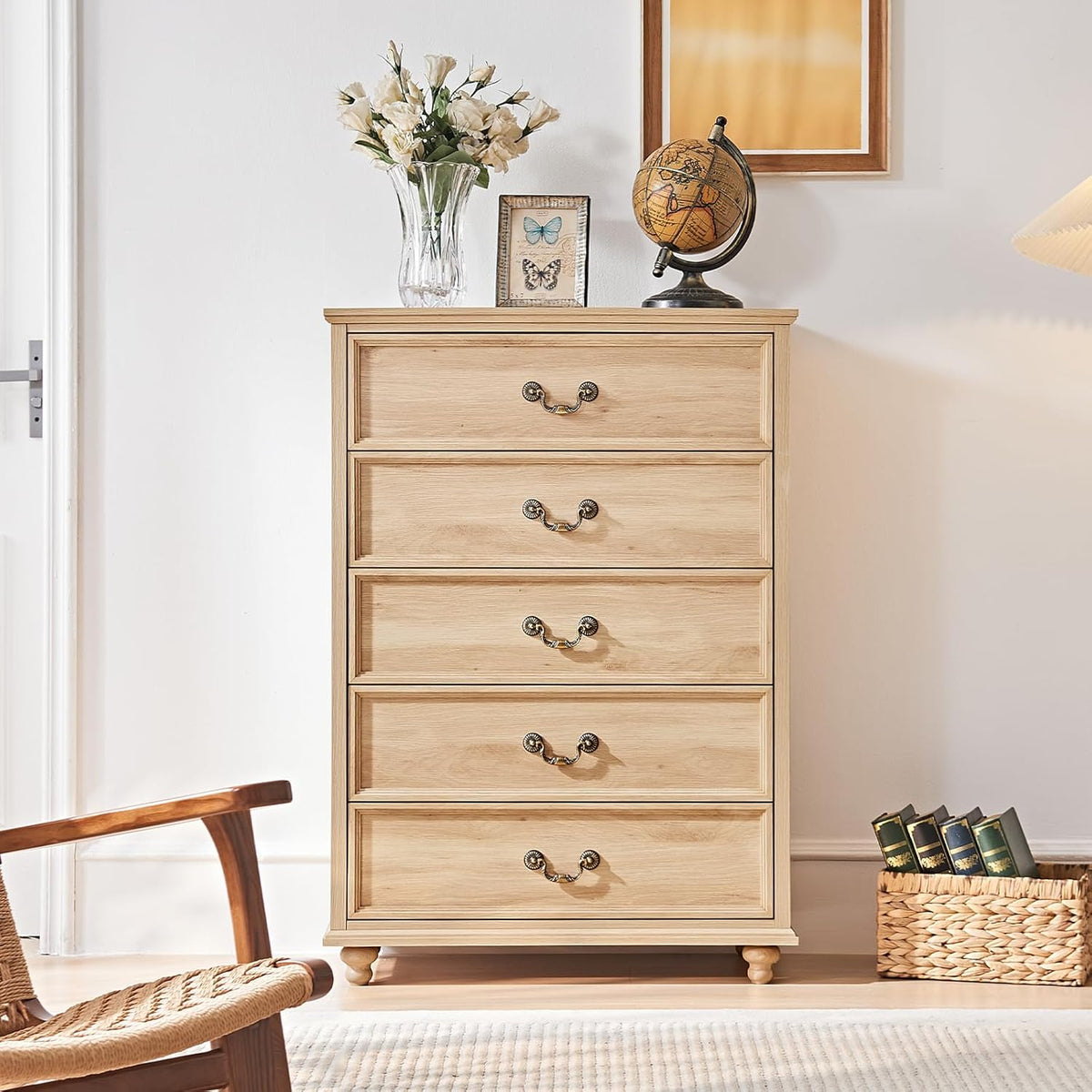 Joaxswe Farmhouse 5 Drawer Dresser for Bedroom, 45" Tall Vinatge Chests of Drawers w/ 4 Solid Gourd Feet, Mid Century Modern Boho Wood Closet Storage Dressers Organizer for Living Room, Natural Oak