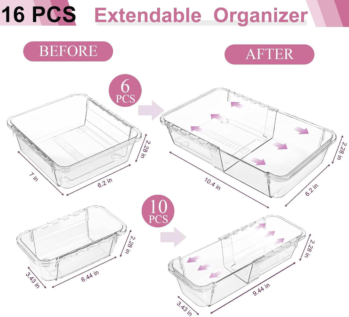 16 Pcs Extendable Clear Drawer Organizer, All Adjustable Vanity Storage Box, 2-Size Desk Drawer Organizer, Durable Storage Bins for Makeup, Cosmetic, Bedroom Dressers Tool Organizer for Gadgets