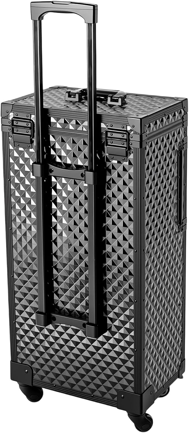 Rolling Makeup Train Case with Dual Password Locks, Aluminum Cosmetic Trolley Organizer with Wheels & Drawers, Professional Hair Stylist Barber Case for Salon Travel