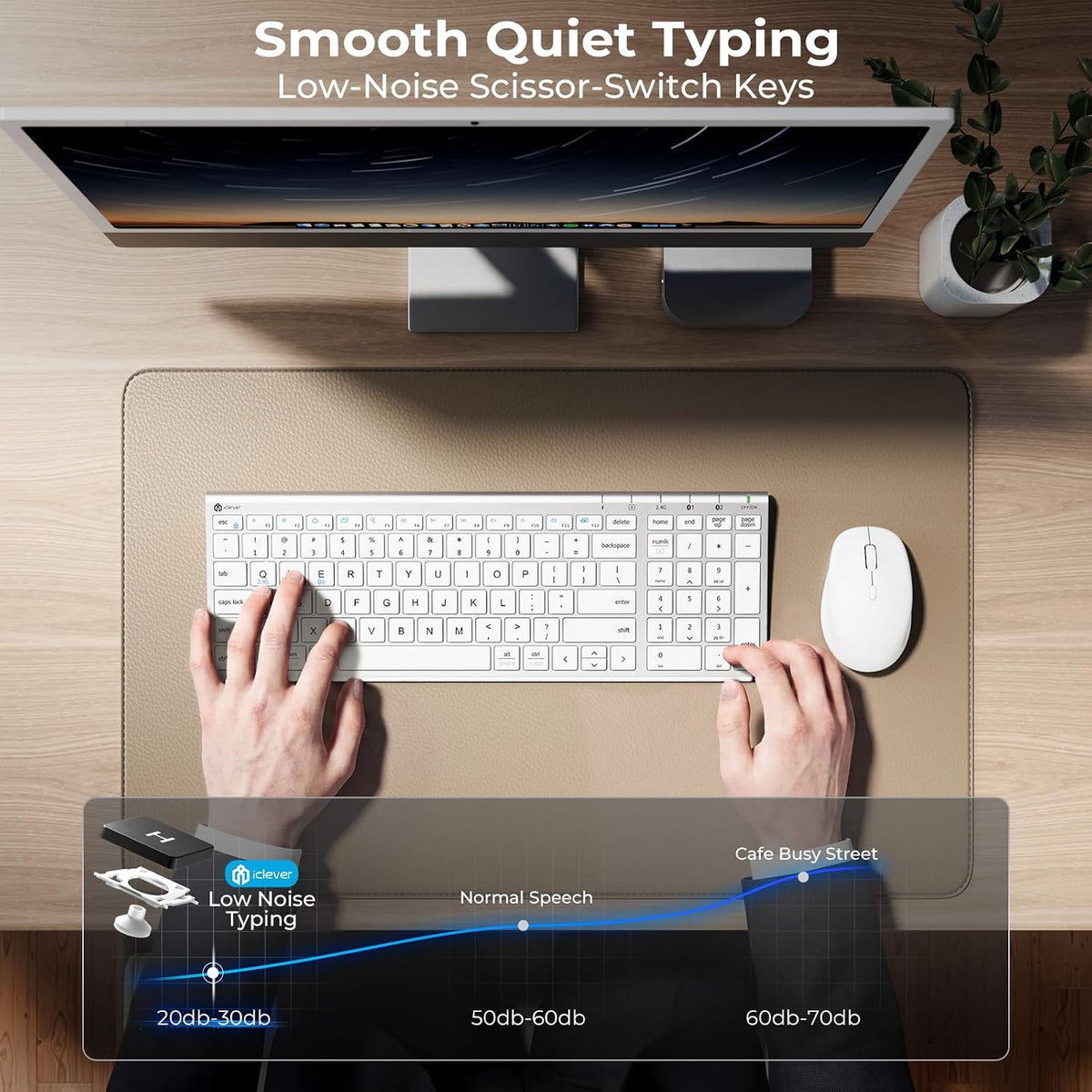 iClever DK05 Bluetooth Wireless Keyboard and Mouse Combo, Silver White