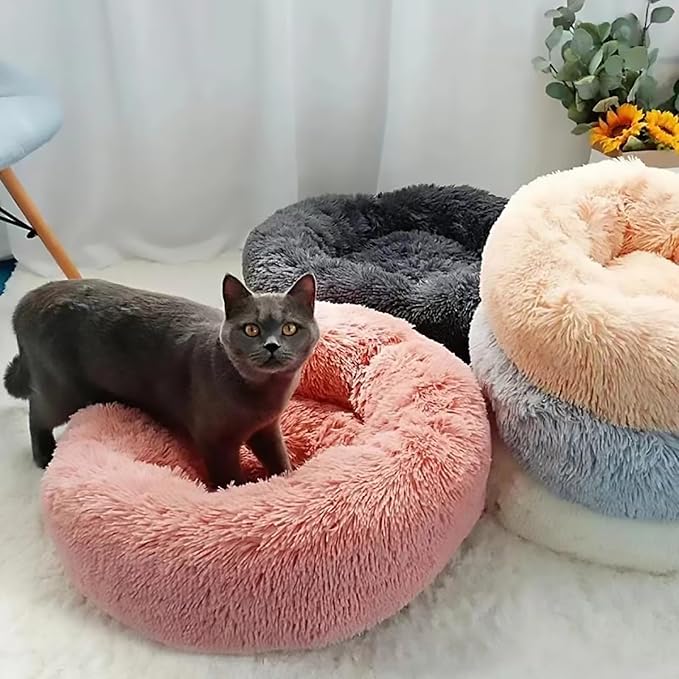 Calming Dog Bed for Small Dogs, Calming Donut Cuddler Pet Bed Anti Anxiety Round Dog Bed Fluffy Plush Faux Fur Cat Bed,Khaki,27.5IN