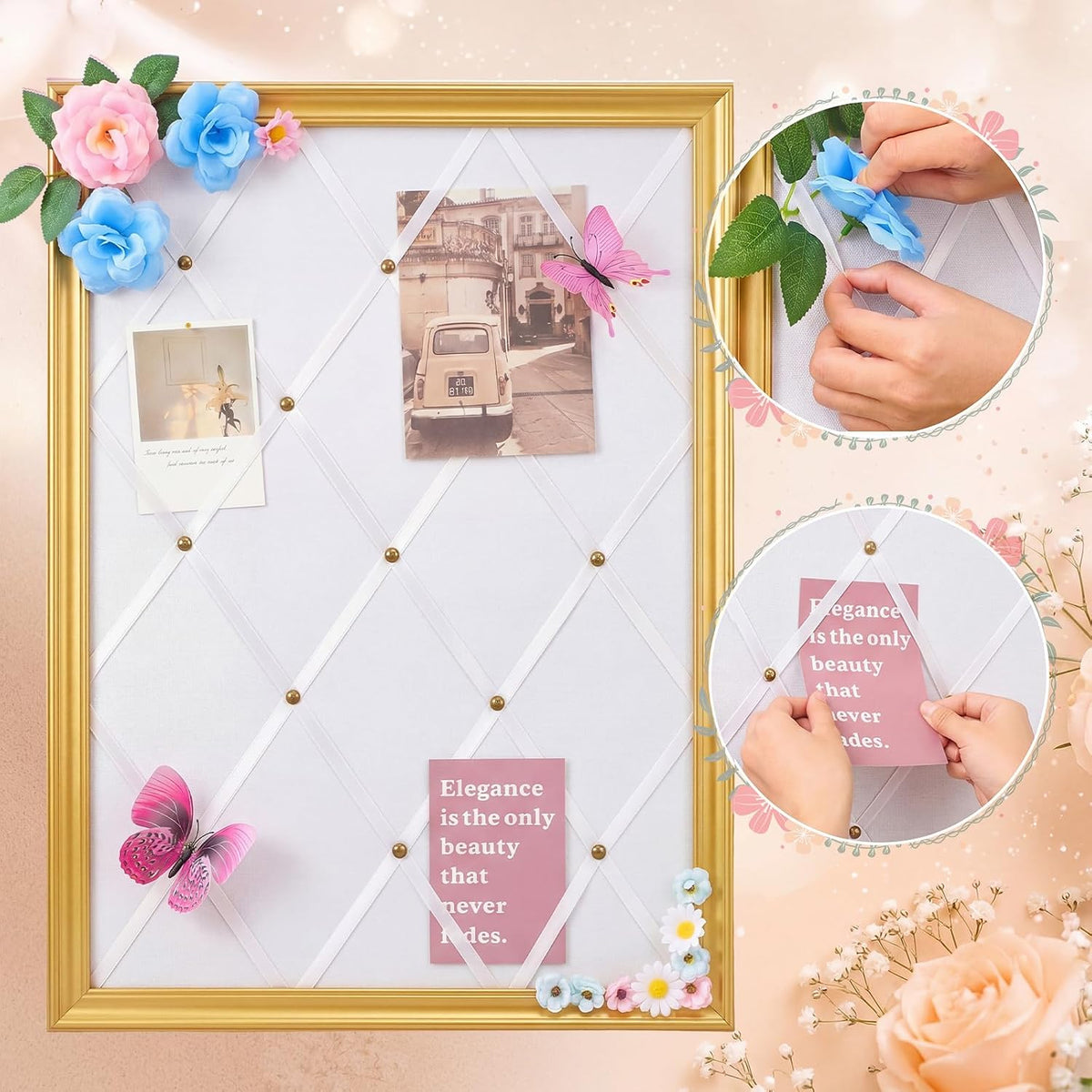 DoubleFill White Bulletin Board 21"×27" Linen Fabric Decorative Board Hanging Memo Boards for Women Large Cork Bulletin Boards for Home Office with 20 Pushpins - White Linen with Gold Frame