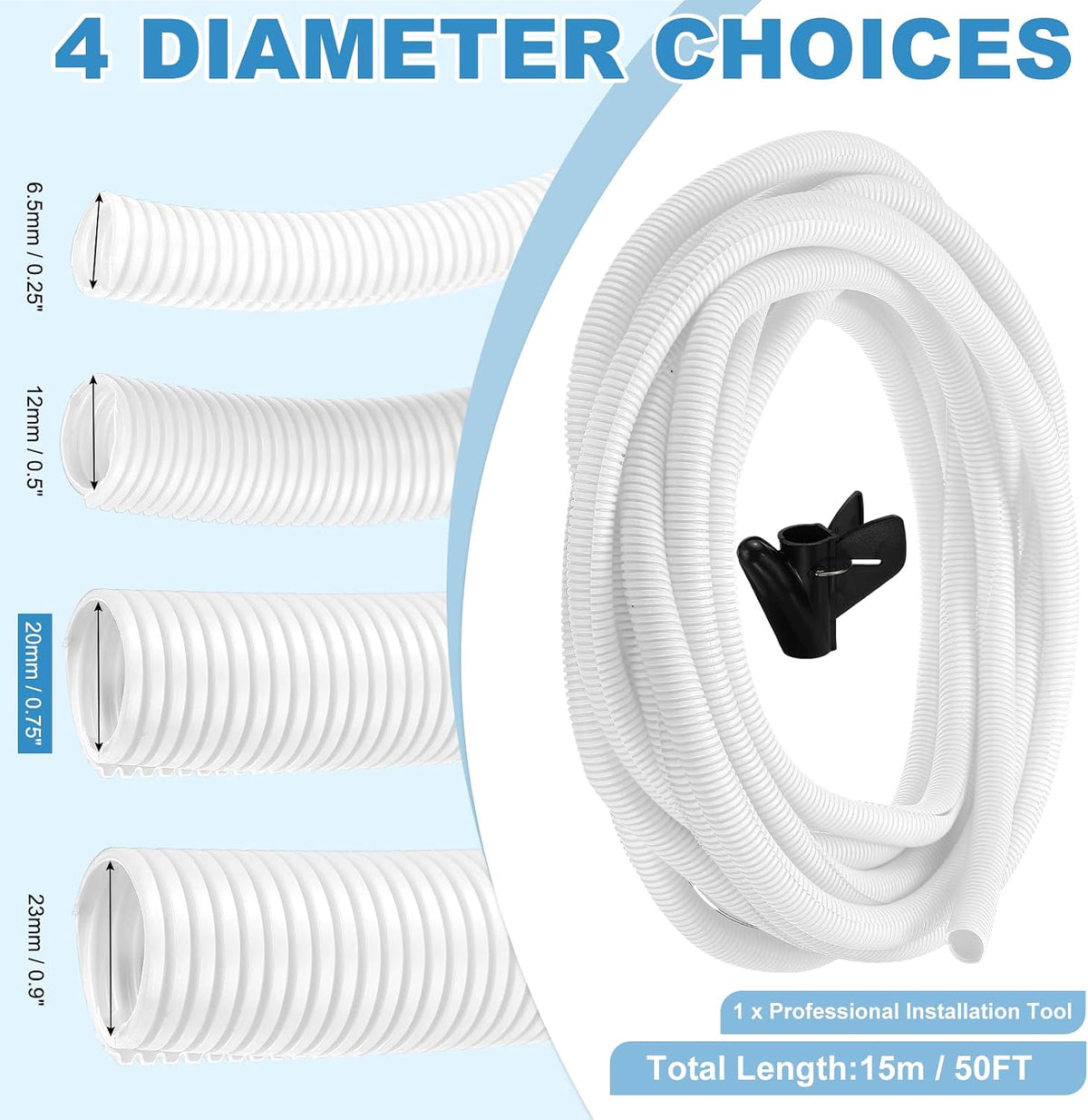 MECCANIXITY Split Wire Loom Tubing 3/4"(20mm) ID 50FT(15m) with Installation Tool, Heat & Cold Resistant -40F to 257F Plastic Flexible Conduit Cord Protector for Electrical Wires Cable, White