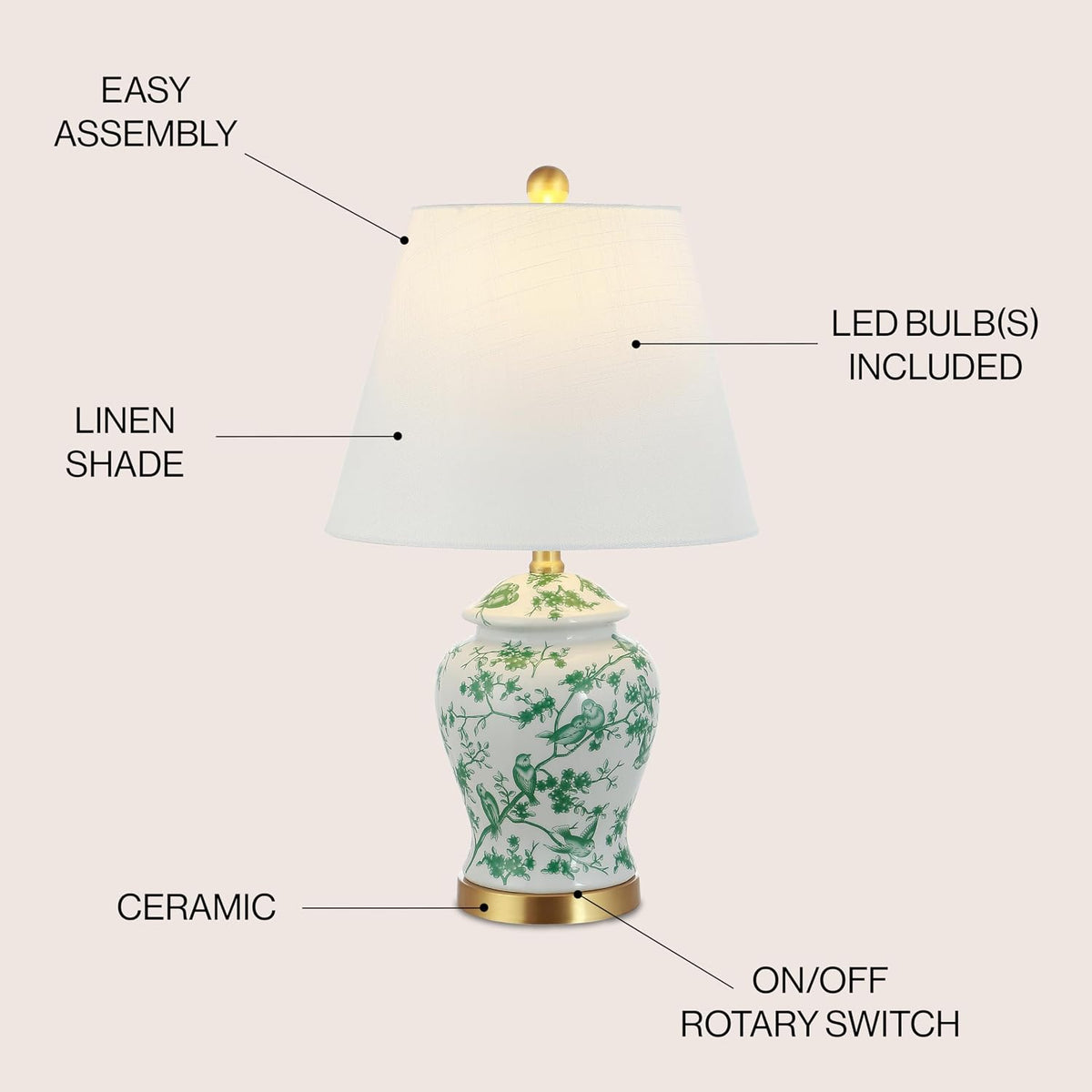 JONATHAN Y Penelope Ginger Jar 22" LED Table Lamp, White/Green