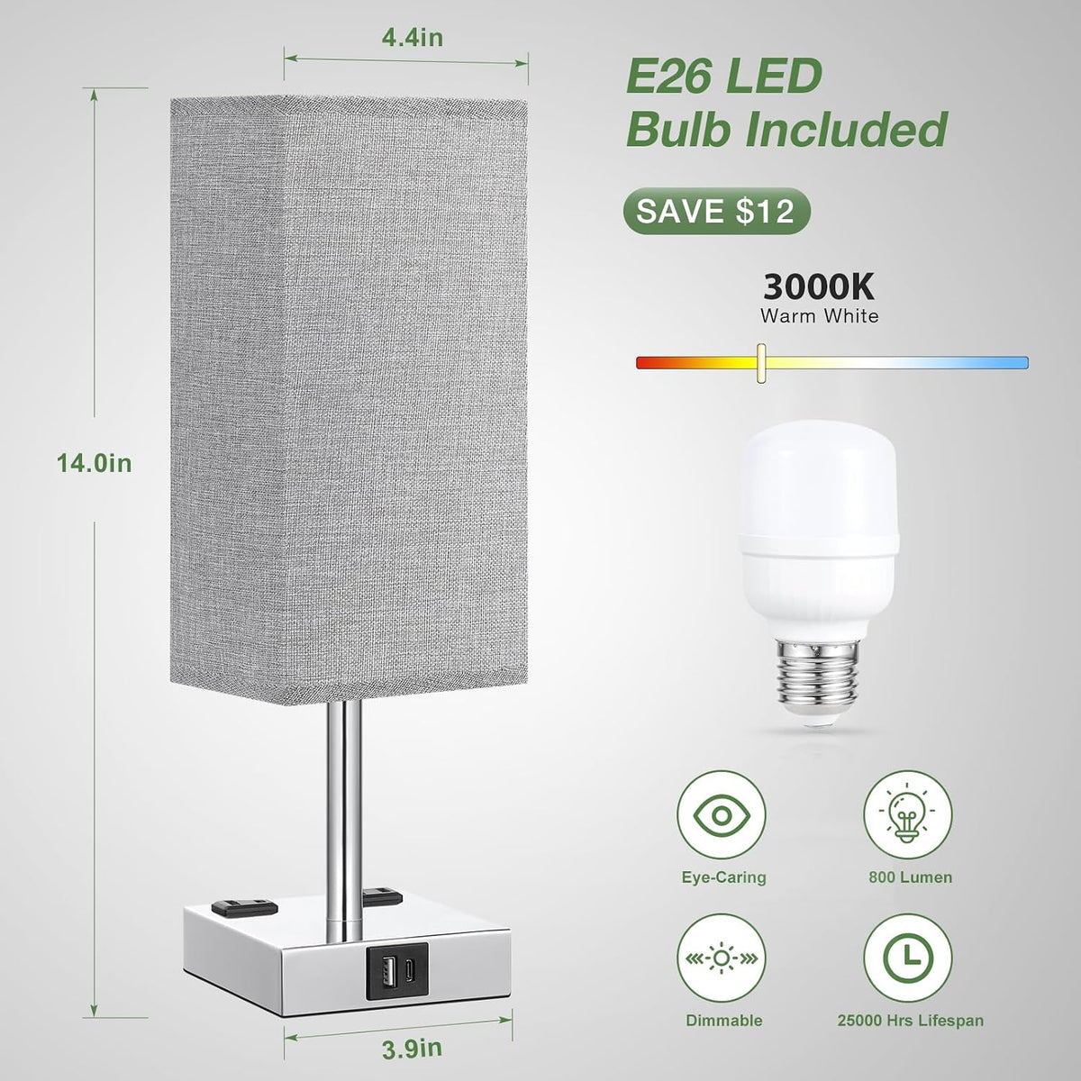 Light Grey Touch Lamps Set for Bedroom - Dimmable, USB C+A, 2 AC Outlets