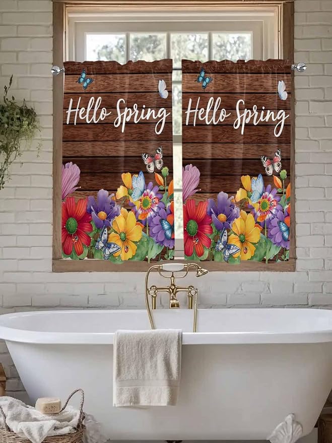 Spring Flowers Kitchen Curtains 45 Inches length, Watercolor Farmhouse Colorful