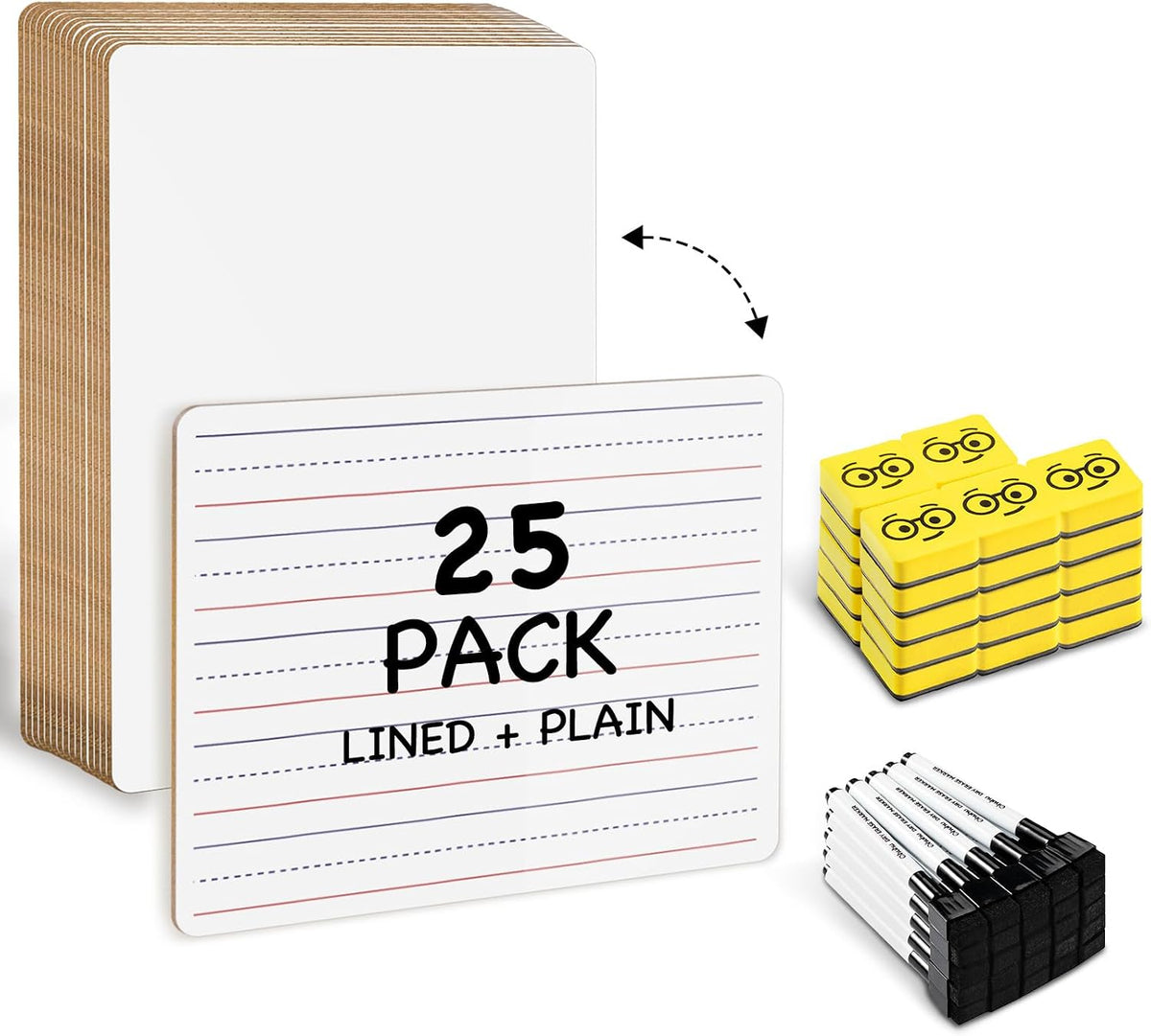 Ohuhu 25 Pack 9x12 Lined/Plain Double-Sided Whiteboard with Markers Erasers